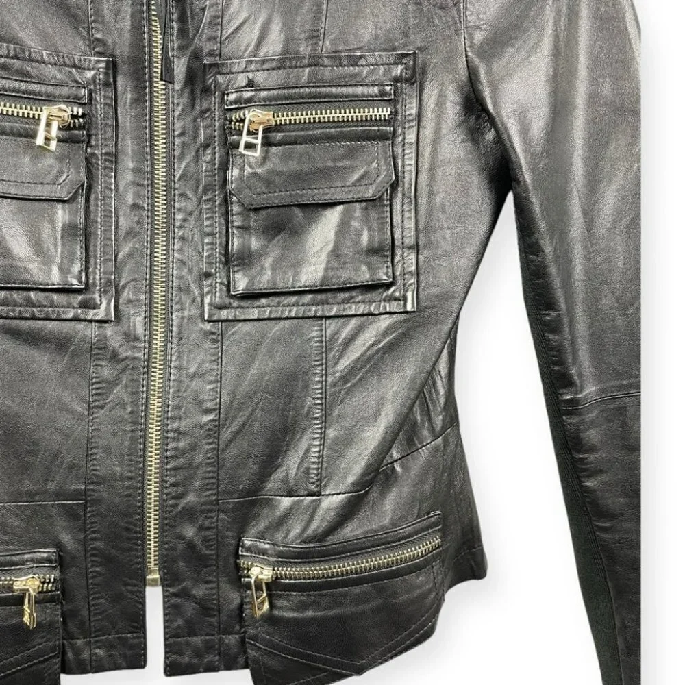 ** PTT Genuine Black Leather Zip Front Jacket Size S ( Asian M)